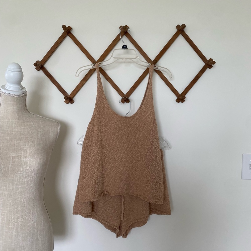 aerie Cozy Taupe Knit Tank & Short Set